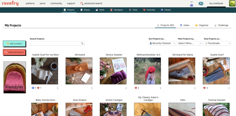 Overview page My Notebook with saved designs on the platform Ravelry